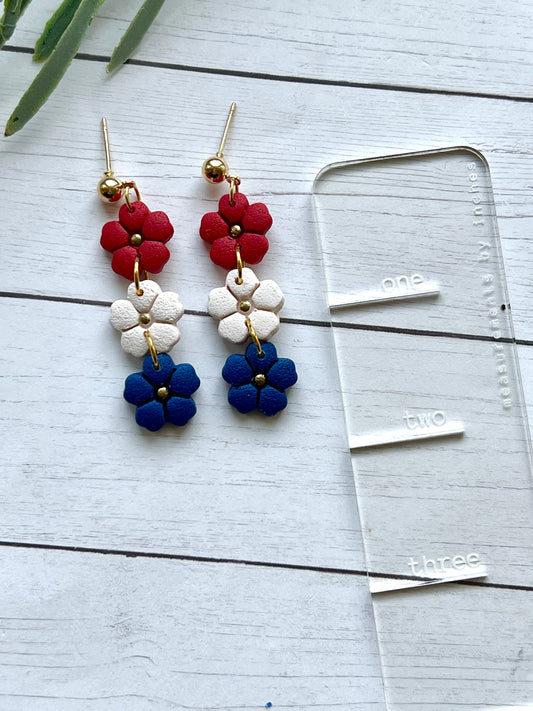Red/White/Blue flower clay earrings