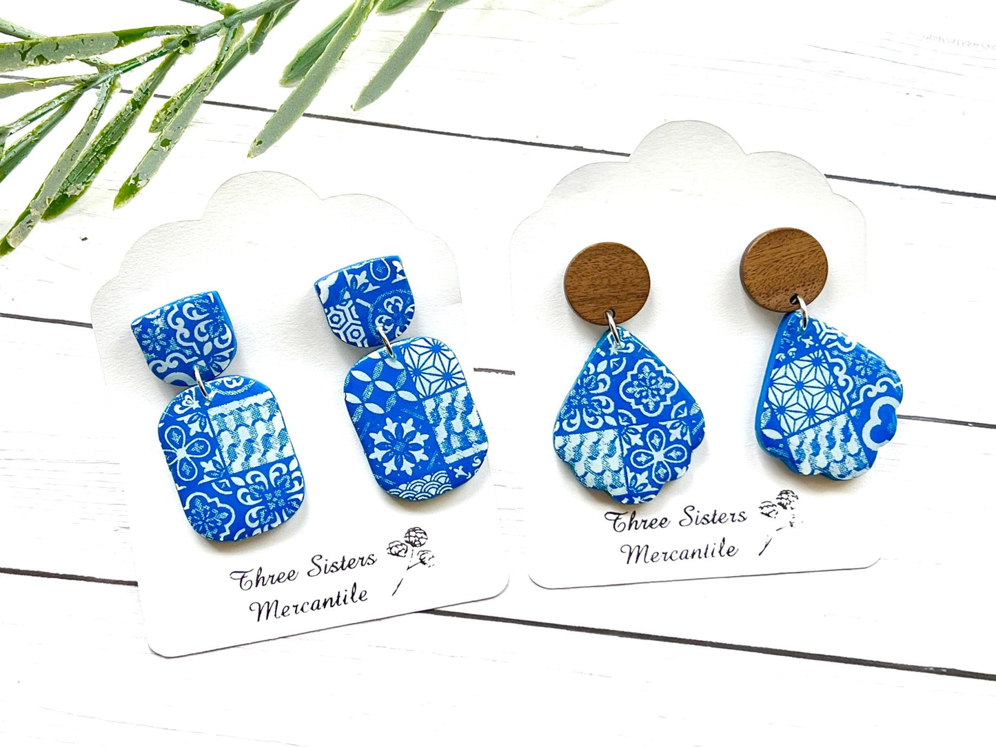 Clay earrings- Blue and White